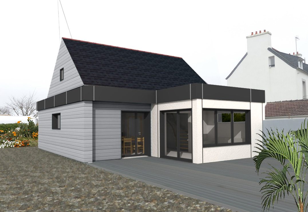 rendu 3D extension ossature bois et isolation d'une maison par l'extérieur à Plougonvelin